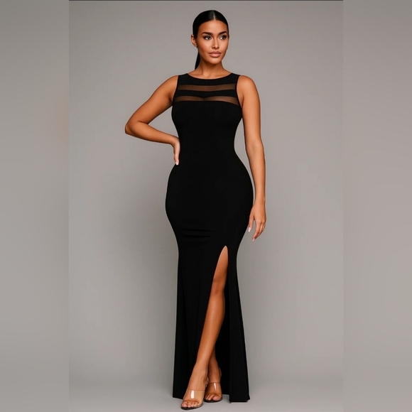 Formal Luxurious Long Black Mesh Dress Side Slit Size S - Picture 4 of 5